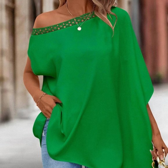 Green Boho Womens Guipure Lace Trim Asymmetrical Neck Batwing Sleeve Blo… - Picture 4 of 5